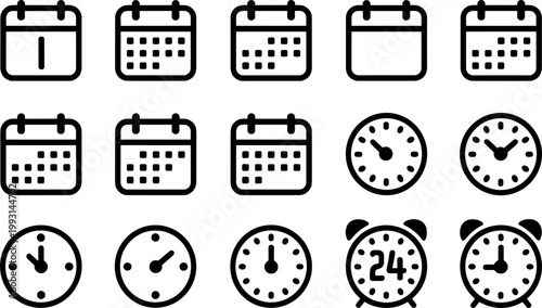 Calendar and Clock Icon Set with Date Scheduling, Time Management, Alarm Clock, Deadlines, Appointments, and Daily Planning Symbols for Productivity