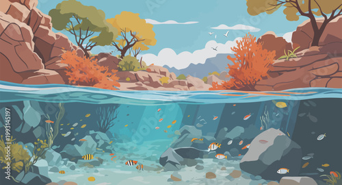 Underwater River Landscape with Fish and Trees