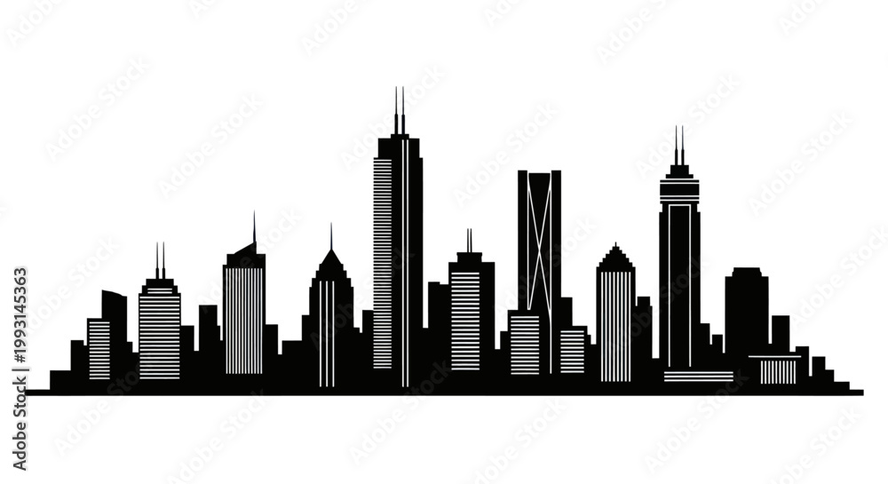 Fototapeta premium Black silhouette of a modern city skyline with skyscrapers on white background
