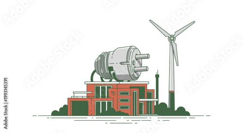 Modern house powered by wind turbine energy with large electric plug illustration