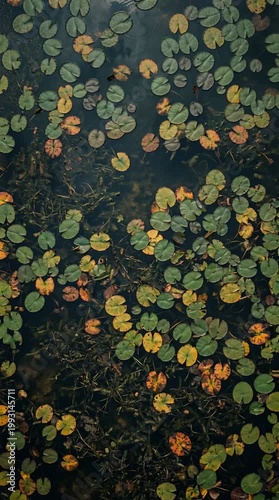 Top Down View Of Lily Pads Floating On Dark Water With Autumnal Hues And Subtle Ripples Creating Serene Natural Ambiance