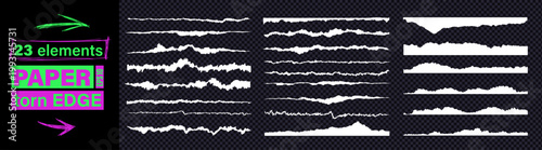 Jagged torn paper rip edge effect on white recycled texture sheet. Vector collection of page piece blank card tag label banner divider element claw cut line. Cardboard tear edge clipart kit bundle.
