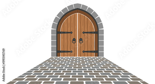 A grand arched wooden medieval door with heavy iron hinges stands at the end of a long perspective cobblestone walkway under bright white sky lighting.