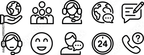 Customer Support and Communication Icon Set with Help Desk, Call Center, Online Chat, Global Service, and 24 Hour Assistance Symbols