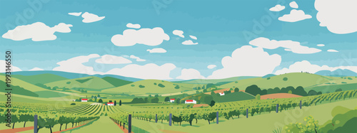 Vineyard Landscape with Rolling Hills and Blue Sky