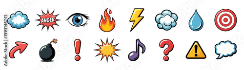 Comic icons and symbols set with speech clouds, explosion bursts, eye, fire, lightning, bomb, arrows and punctuation elements for graphic design