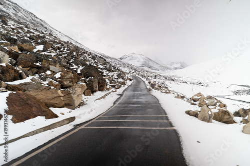 Snowy Black Road Winding Through Zero Point, Lachung, North Sikkim, India