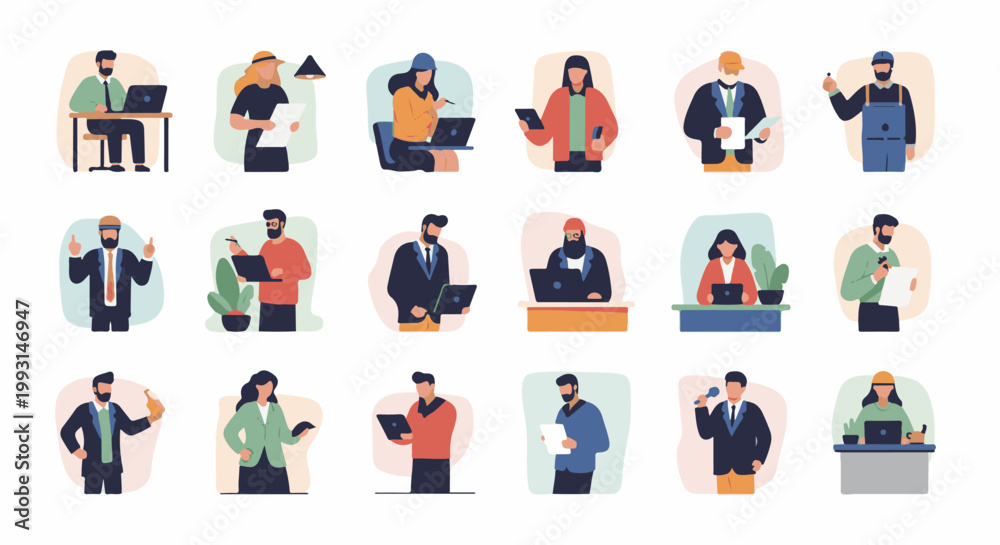 Fototapeta premium Diverse professionals in stylized flat illustrations, engaged in various work activities