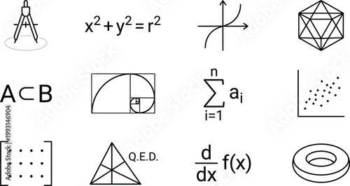Set of hand-drawn mathematical icons representing various concepts in algebra, geometry, calculus, and statistics in a minimalist black and white doodle style ..
