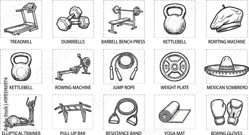 A set of various gym equipment icons Vector
Fitness, workout silhouette icon set. Gym, exercise, equipment icons collection
