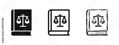 Law book and justice scales icons set isolated on white background