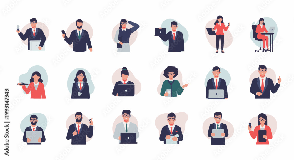 Fototapeta premium Diverse professionals in business attire, engaged in work activities with devices
