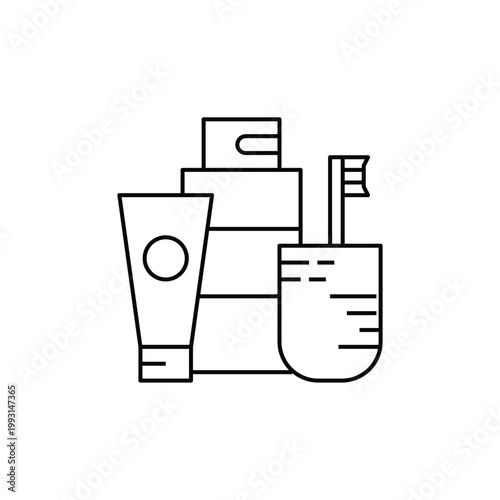 Essential travel toiletries icon including toothbrush, cream tube, and containers for personal hygiene, hotel amenities, and packing for a holiday trip