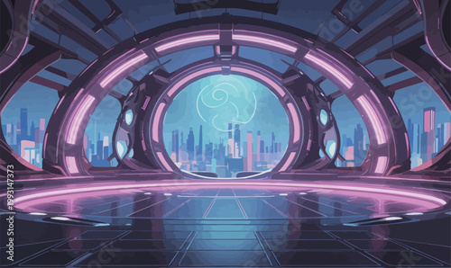 Futuristic Interior with Cityscape View