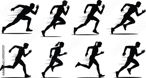 Dynamic running silhouettes with motion speed lines showcasing athletic energy, fitness training, marathon competition, jogging exercise, and sports performance vector illustration