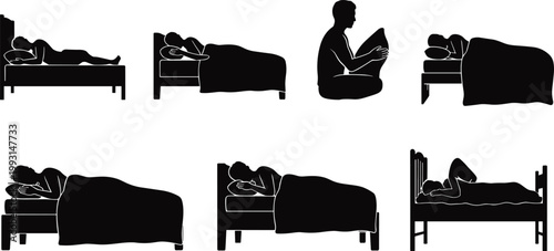Silhouette people sleeping in different positions on bed, rest posture, sleep habits, relaxation concept, blanket and pillow vector illustration