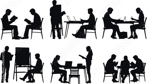 Konstfotografi Silhouette people studying, reading, teaching, teamwork collaboration, group lea