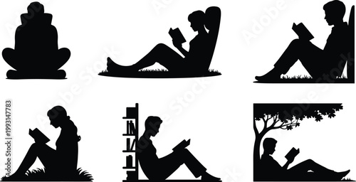 Silhouette vector illustration of people reading books in various seated positions indoors and outdoors, peaceful relaxation and study scenes