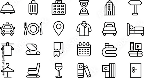 Hotel and Hospitality Icon Set with Room Service, Luggage, Bed, Restaurant, Laundry, Location, Gym, and Travel Accommodation Symbols