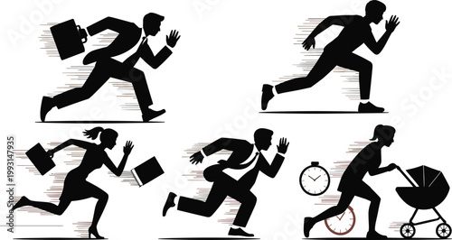 Vector silhouettes of rushing people with briefcases, stroller, and clock icons representing urgency, fast lifestyle, business stress, and daily routine