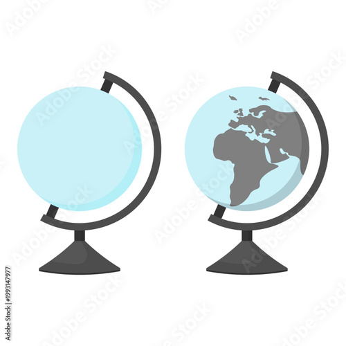 Flat vector globe set isolated on white. Blank and grey-mapped world globes with stands for geography education, world travel concepts, global business presentations, infographic design