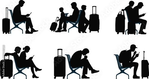Vector silhouettes of travelers waiting with luggage chairs airport station family people mobile phone backpack sitting together Adobe Stock illustration content