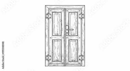 An antique wooden double door with a handle and lock, detailed sketch