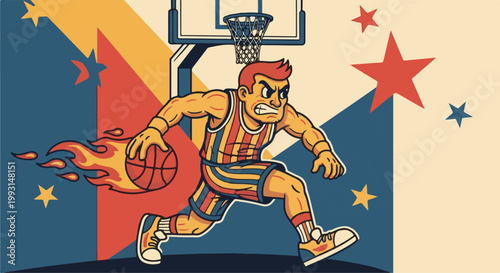 Animated basketball player in action with fiery dribble, under a hoop
