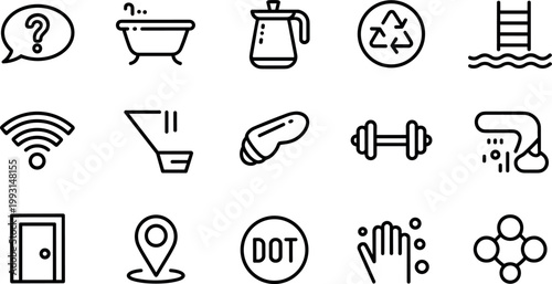 Household Services and Utilities Icon Set with Bathroom, Cleaning, Water Supply, Recycling, Location, and Maintenance Symbols for Daily Use
