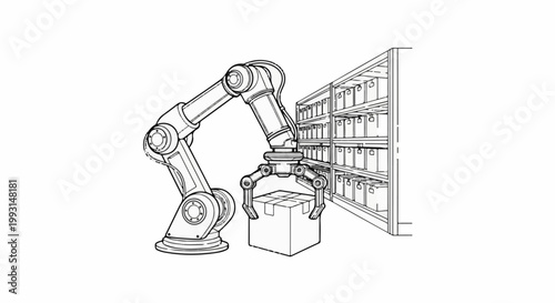 Automated robotic arm retrieves a box from a warehouse shelving unit