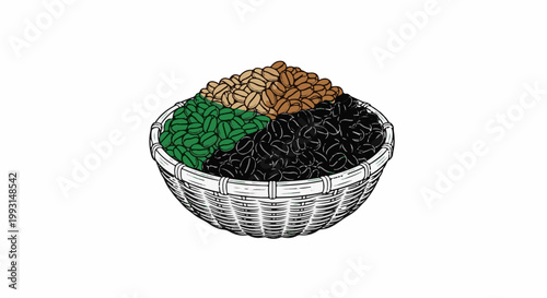 Wicker basket overflowing with green, light brown, and dark roasted coffee beans