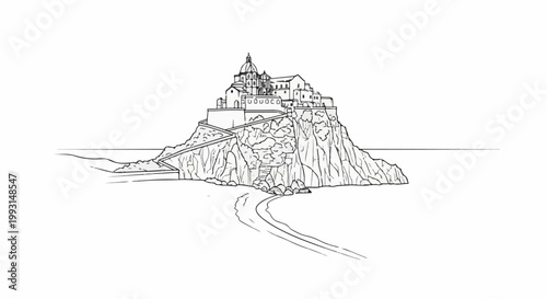 A drawing of a historical building perched on a rocky outcrop near the sea