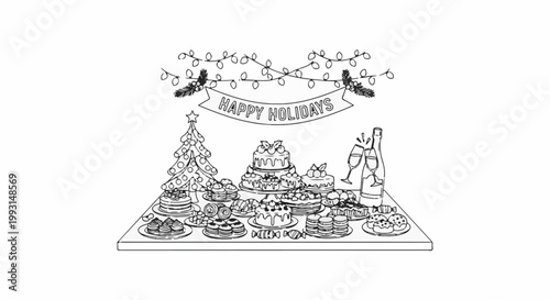 Whimsical sketch of a holiday spread with treats and festive decorations