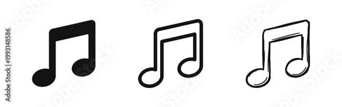 Music note icon set in solid, outline, and doodle styles for audio and sound design projects