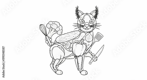 Whimsical cat composed of various fresh vegetables, holding kitchen tools