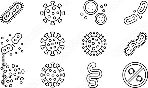 Microorganism and Virus Icon Set with Bacteria, Germs, Pathogens, and Microbes for Medical, Healthcare, Science, and Laboratory Design Projects