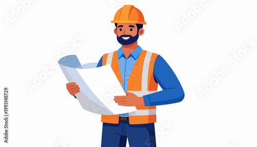 Smiling male engineer or construction worker in safety gear, reviewing architectural plans. Illustration representing project management, building expertise, and site safety