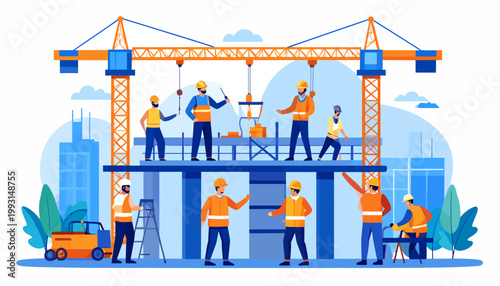 Construction workers collaborate on a skyscraper project with cranes and scaffolding, illustrating teamwork and urban development