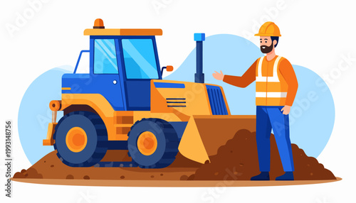 Construction worker overseeing a bulldozer operating on a mound of dirt, illustrating heavy machinery and site development