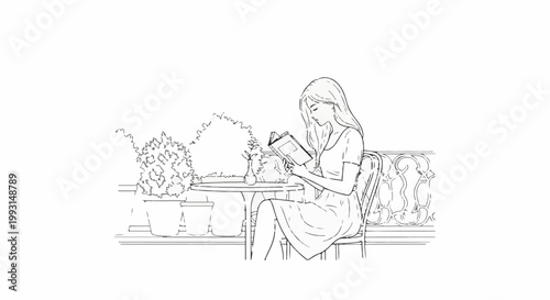 A serene sketch of a woman engrossed in reading a book at a table outdoors