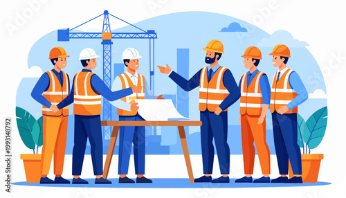 Construction project team collaborating around blueprints with crane in background