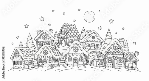Whimsical snowy village with gingerbread-style houses under a moonlit starry sky
