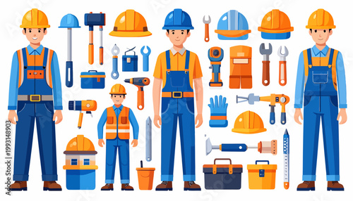 Flat vector illustration featuring construction workers in safety gear and workwear. Extensive collection of building tools and industrial equipment