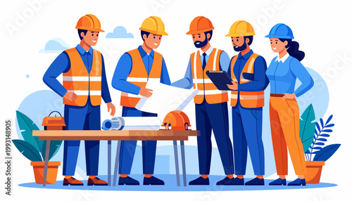 A diverse team of skilled construction workers and engineers collaborates diligently on an important building project, reviewing blueprints and discussing strategic plans on site