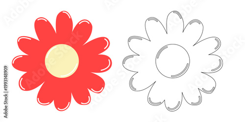 Cute Red Daisy Flower Illustration in Color and Black and White Line Art for Coloring