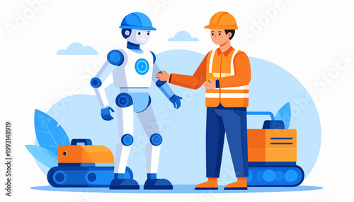 Human worker and advanced robot collaborating in an industrial setting, symbolizing the future of work, engineering, and automation in modern industries