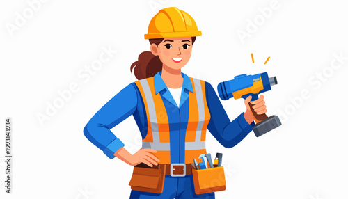 Professional female construction worker in safety gear with power drill, embodying skilled labor and dedication in the industry. Vector illustration of a confident woman builder