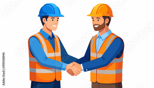 Two construction workers in safety vests and hard hats shaking hands, symbolizing partnership and agreement in the industry