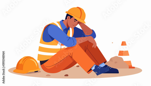 Construction worker sitting on the ground looking tired and stressed while wearing a hard hat and safety vest