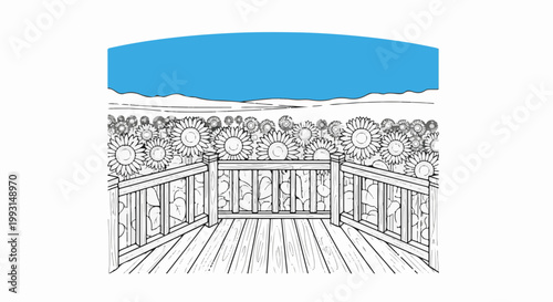 Wooden deck with railing overlooks vibrant sunflower field under blue sky